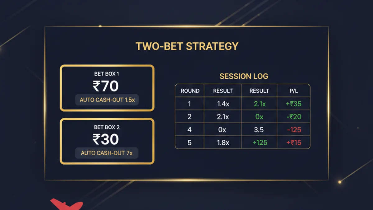 Gold365 Aviator two-bet method session log with rupee stakes and auto cashout targets