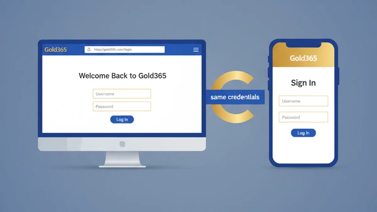 Gold365 com login on website versus ID login on mobile app shown side by side