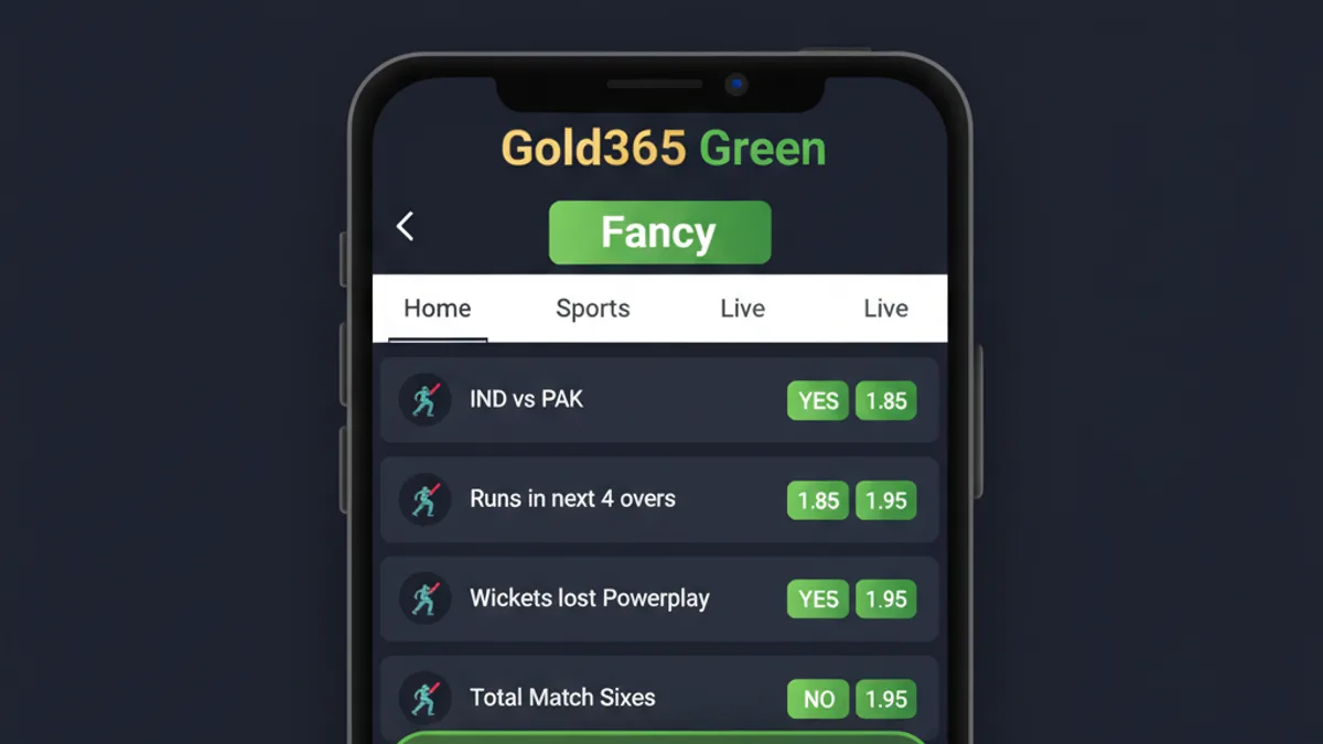Gold365 Green fancy tab showing live IPL session market odds with yes no rates and bet slip