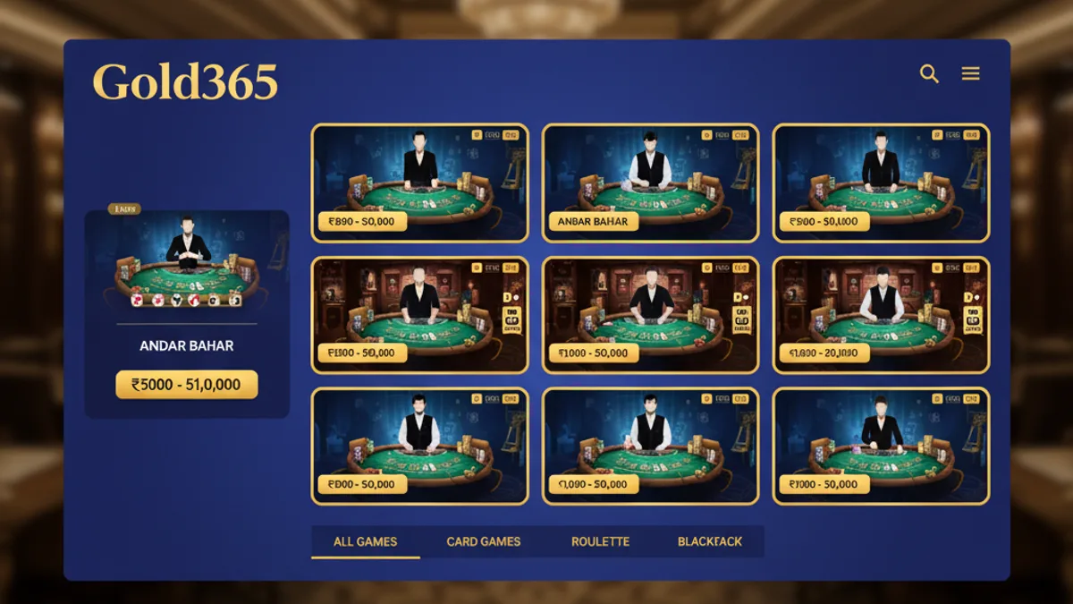Gold365 live casino lobby showing real-dealer Teen Patti and Andar Bahar tables for Indian players