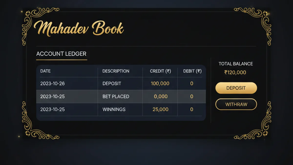 Gold365 Mahadev book-style account dashboard with agent-managed cricket betting ledger for India