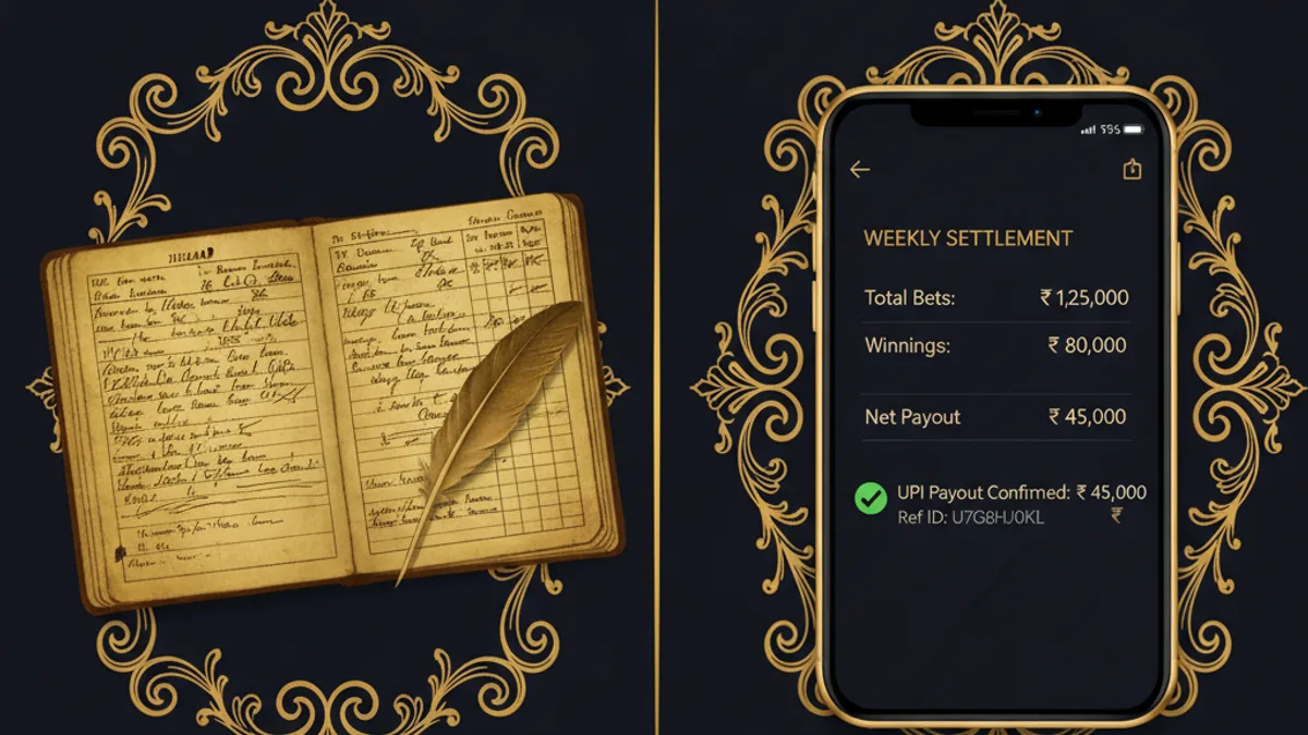 Gold365 Mahadev weekly hisaab settlement ledger comparing old bookie diary with online exchange record and UPI payout